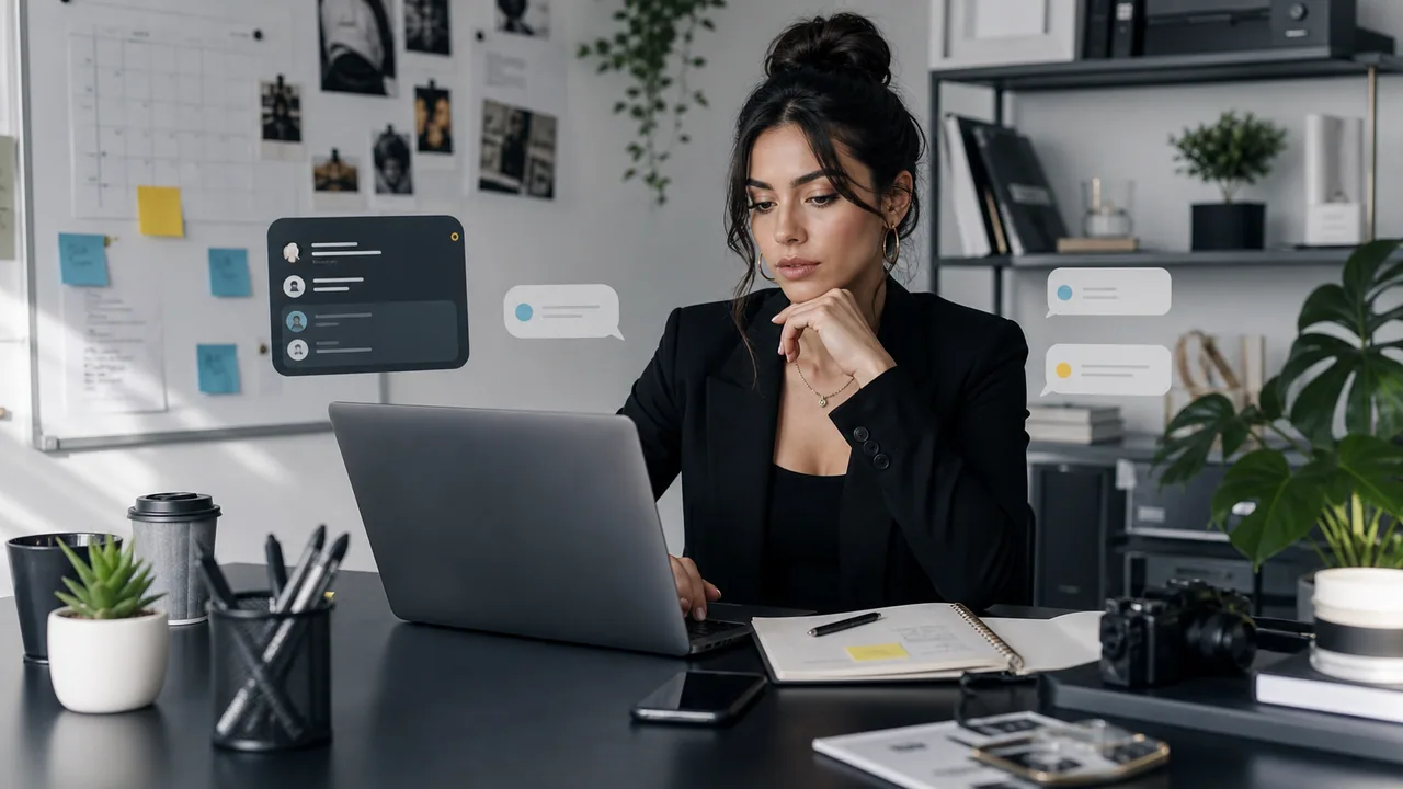 Creator support desk with laptop, phone, and abstract message workflow visuals