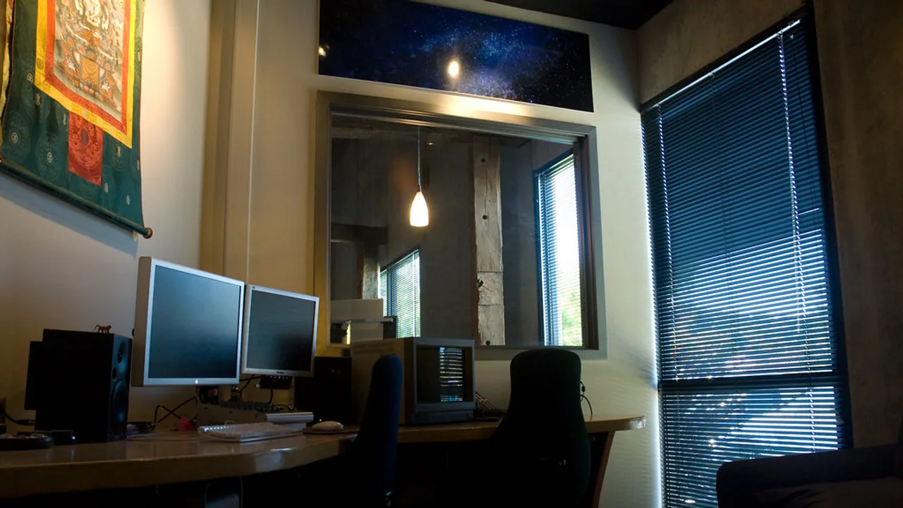 Video editing suite with monitors and production equipment