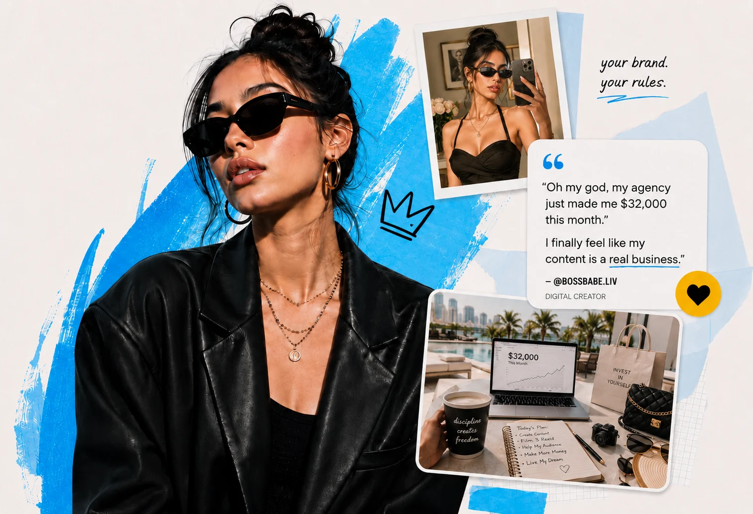 A creator entrepreneur in sunglasses with brand, revenue, and business planning visuals